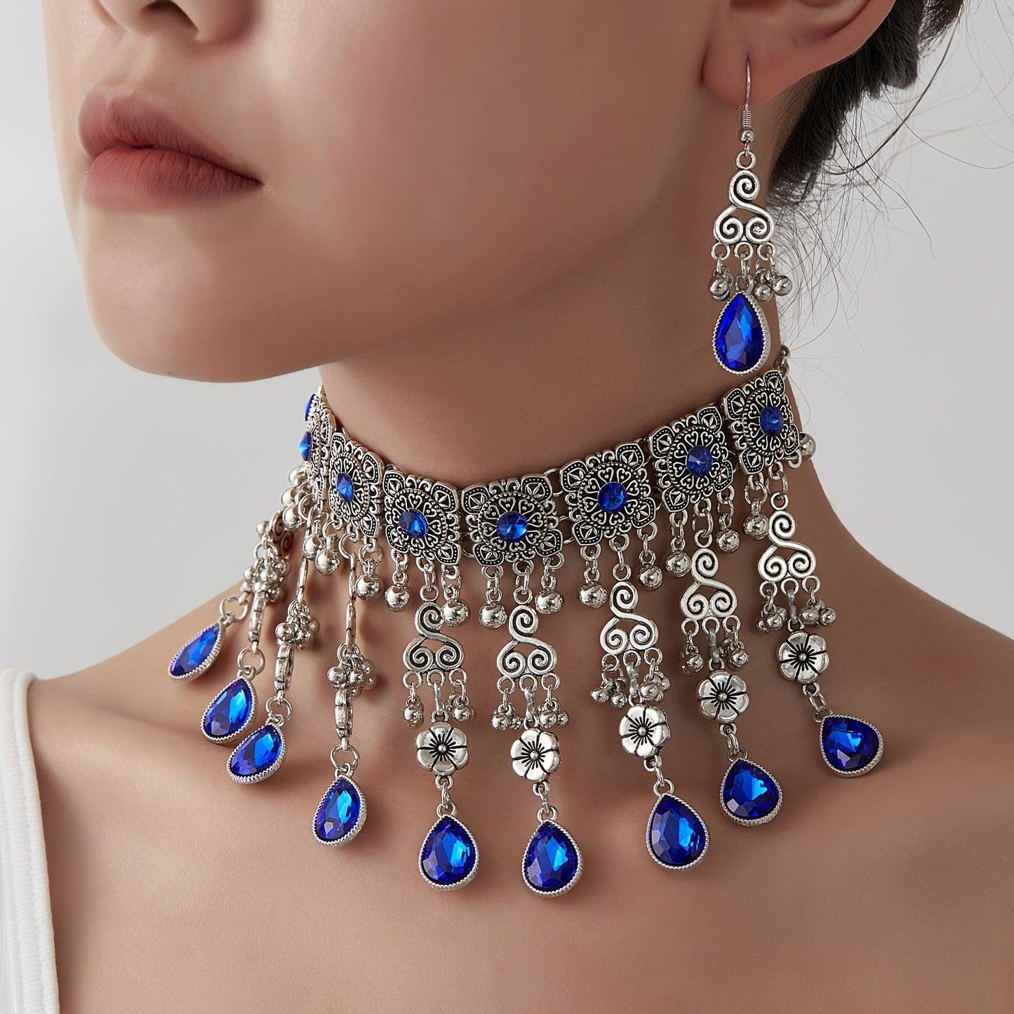 Shiny Round Artificial Crystals And Multiple Water Drop-Shaped Artificial Crystals, with Ethnic, Indian, And Kazakhstan Styles