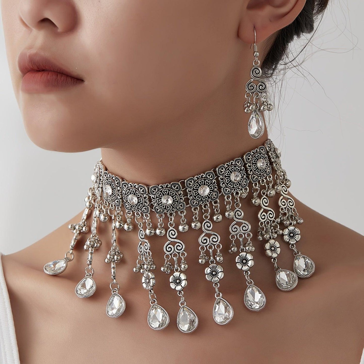 Shiny Round Artificial Crystals And Multiple Water Drop-Shaped Artificial Crystals, with Ethnic, Indian, And Kazakhstan Styles