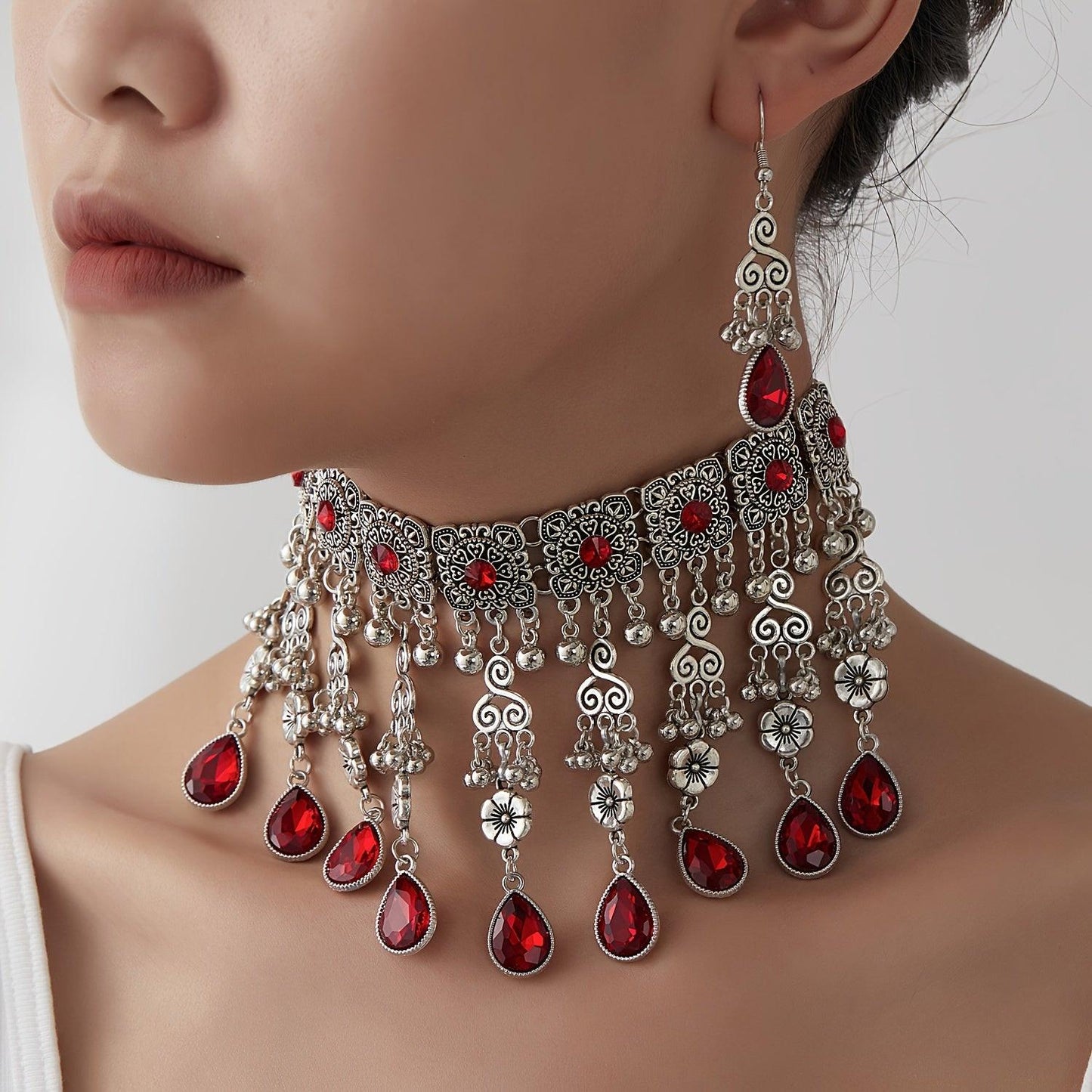 Shiny Round Artificial Crystals And Multiple Water Drop-Shaped Artificial Crystals, with Ethnic, Indian, And Kazakhstan Styles