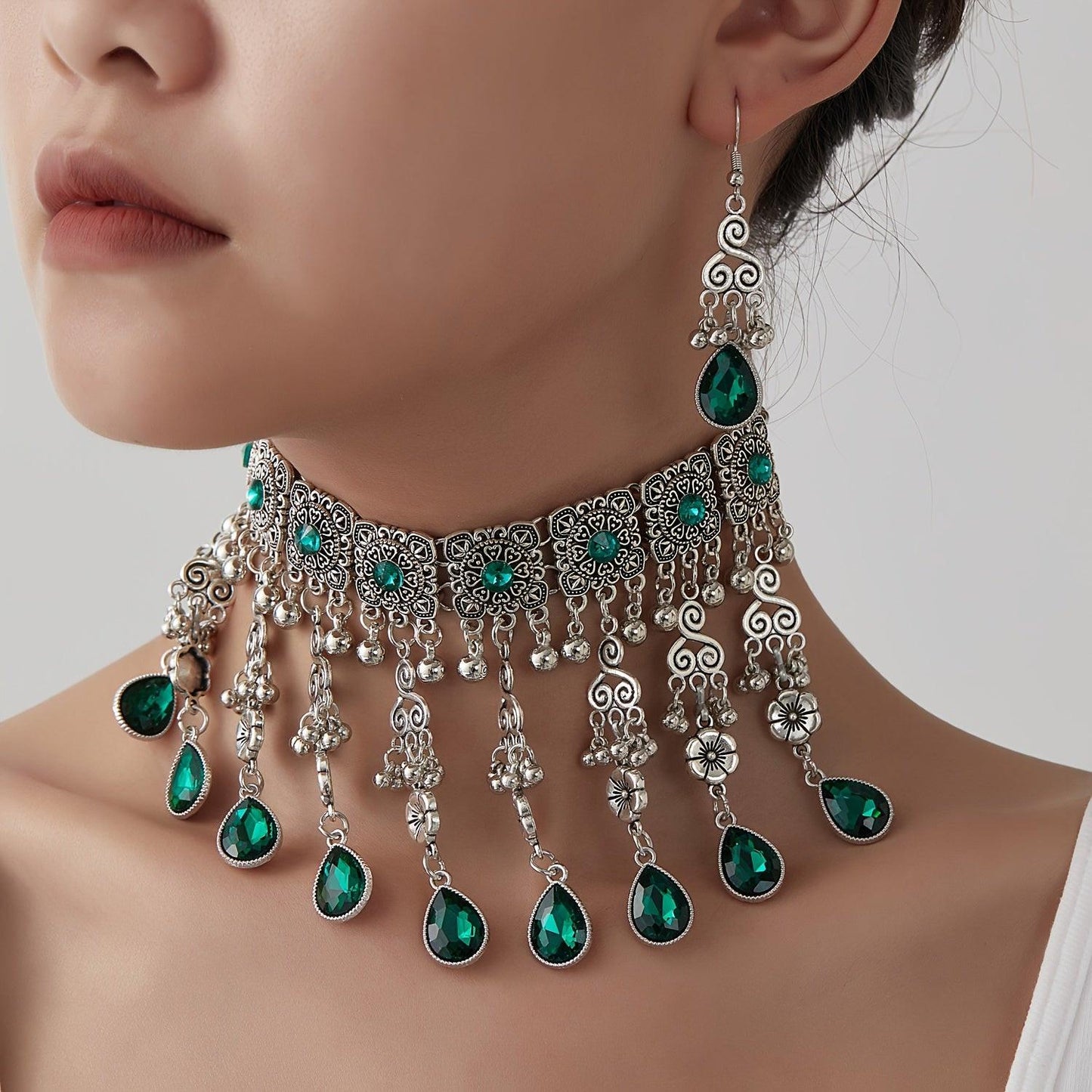 Shiny Round Artificial Crystals And Multiple Water Drop-Shaped Artificial Crystals, with Ethnic, Indian, And Kazakhstan Styles