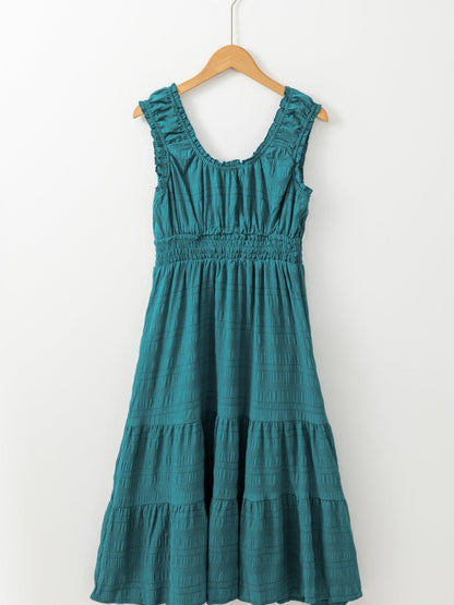 Shirred Pleated Square Neck Sleeveless Midi Dress