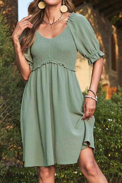 Short Sleeve Shirred Waist V-Neck Textured Mini Dress