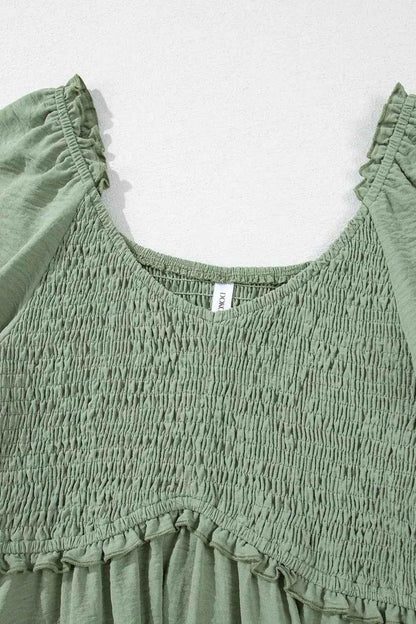 Short Sleeve Shirred Waist V-Neck Textured Mini Dress