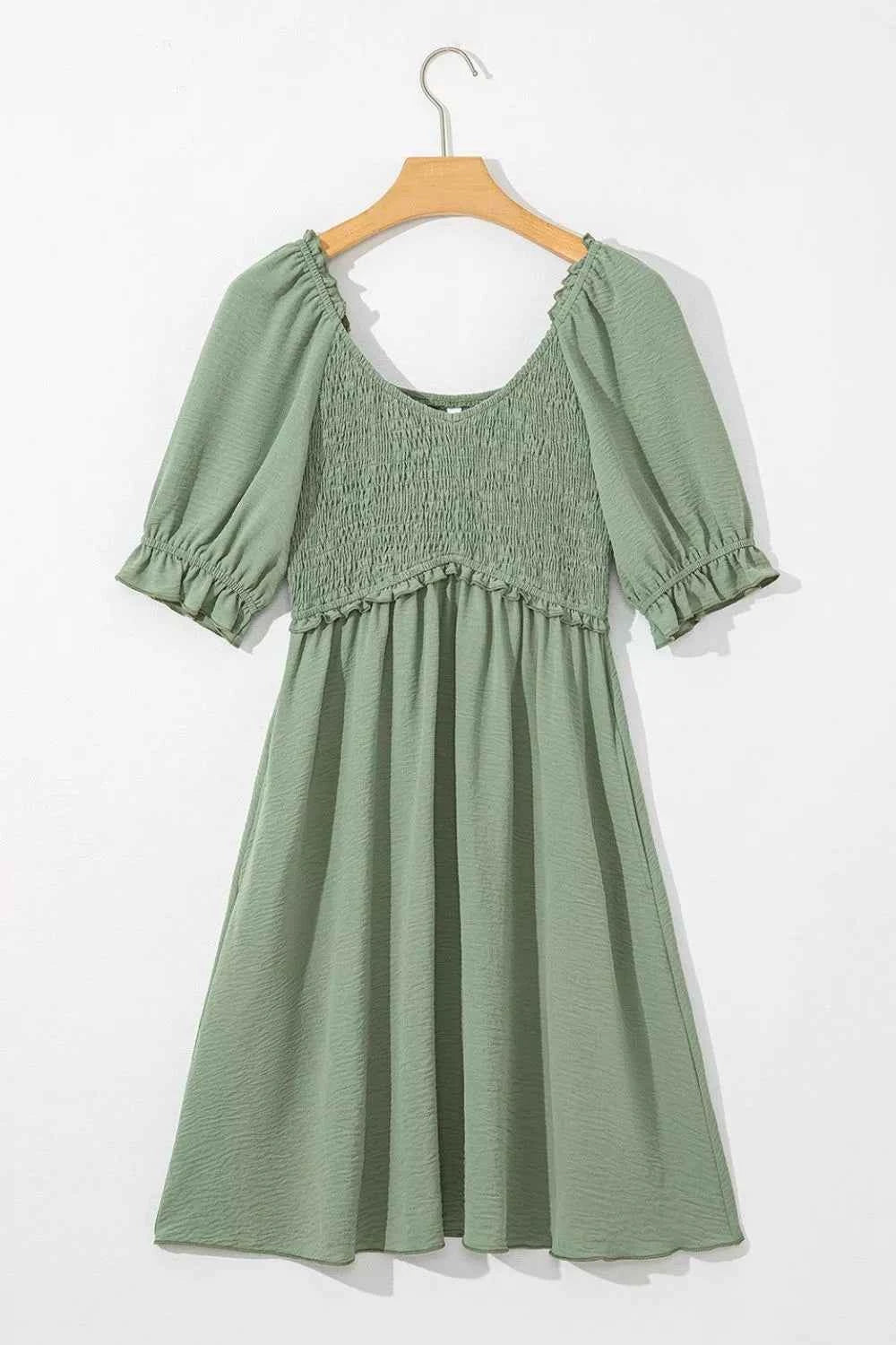 Short Sleeve Shirred Waist V-Neck Textured Mini Dress