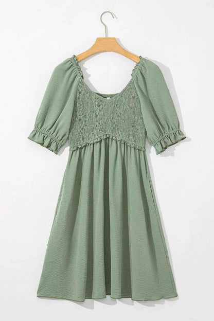 Short Sleeve Shirred Waist V-Neck Textured Mini Dress