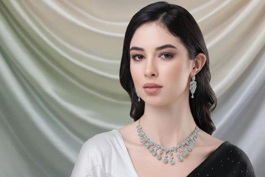 Silver Plated Turquoise Cz Stone Handcrafted Jewellery Set