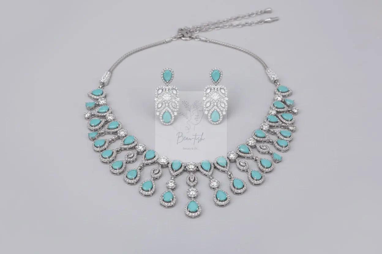 Silver Plated Turquoise Cz Stone Handcrafted Jewellery Set