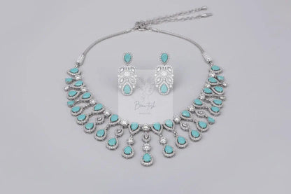 Silver Plated Turquoise Cz Stone Handcrafted Jewellery Set