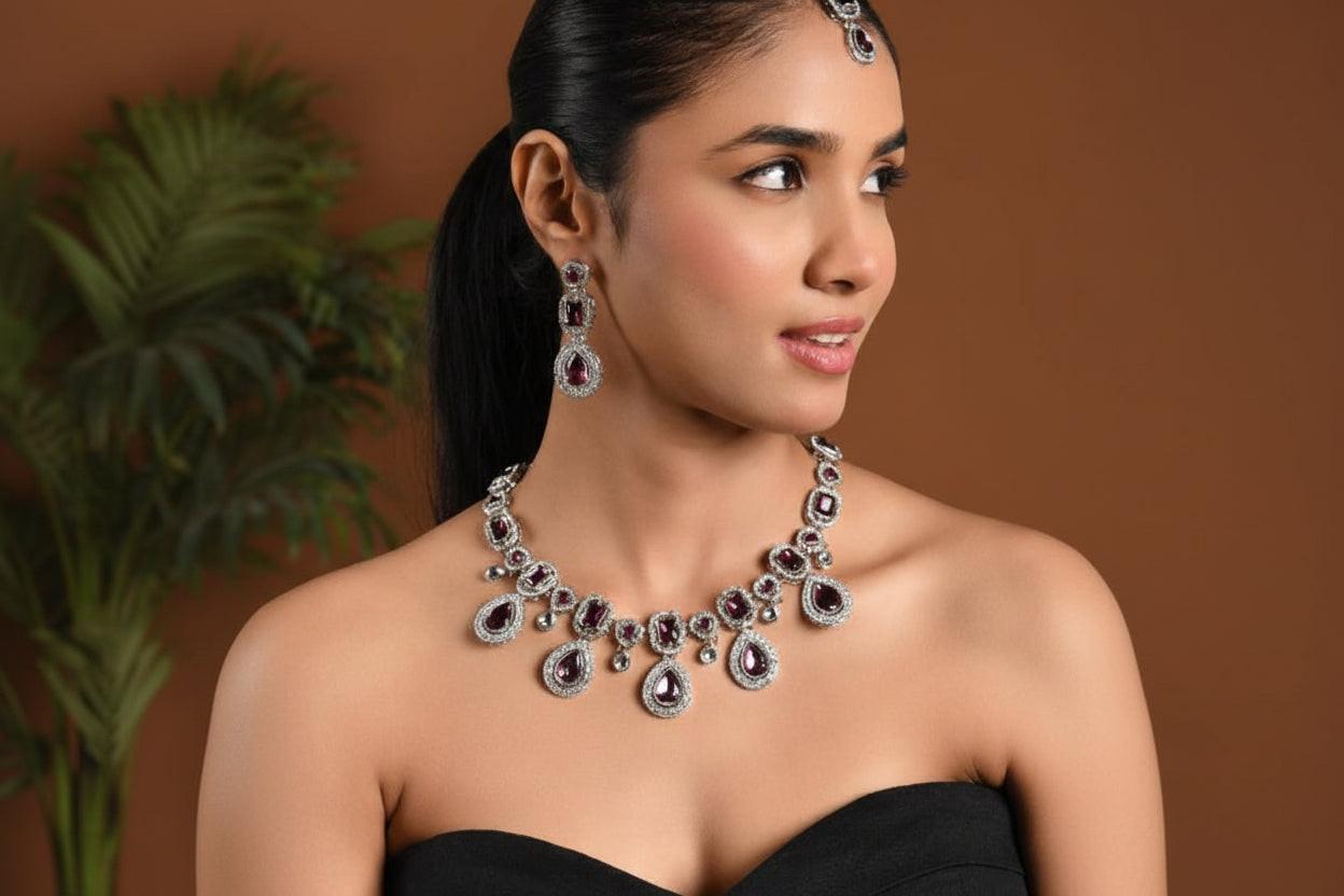 Silver Traditional Kundan & Stone Choker Necklace Jewellery With Earrings & Maang Tikka Set