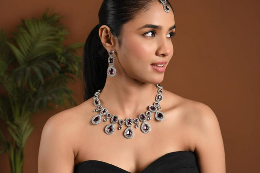 Silver Traditional Kundan & Stone Choker Necklace Jewellery With Earrings & Maang Tikka Set