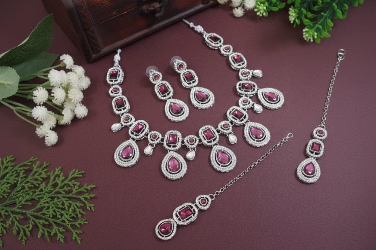 Silver Traditional Kundan & Stone Choker Necklace Jewellery With Earrings & Maang Tikka Set
