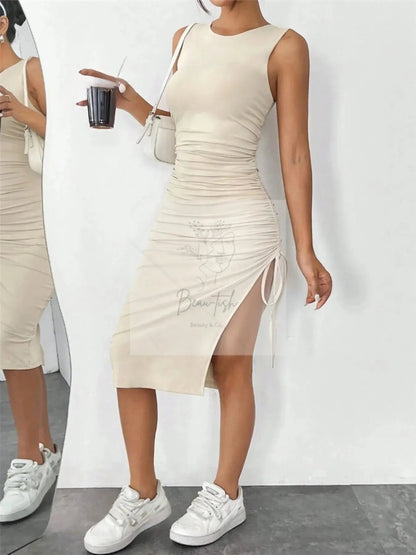 Sleeveless Ruched Bodycon Midi Dress with Side Drawstring