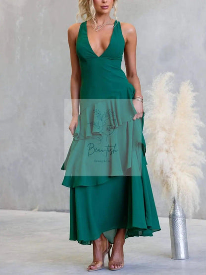 Sleeveless Ruffled Layered Backless Maxi Dress