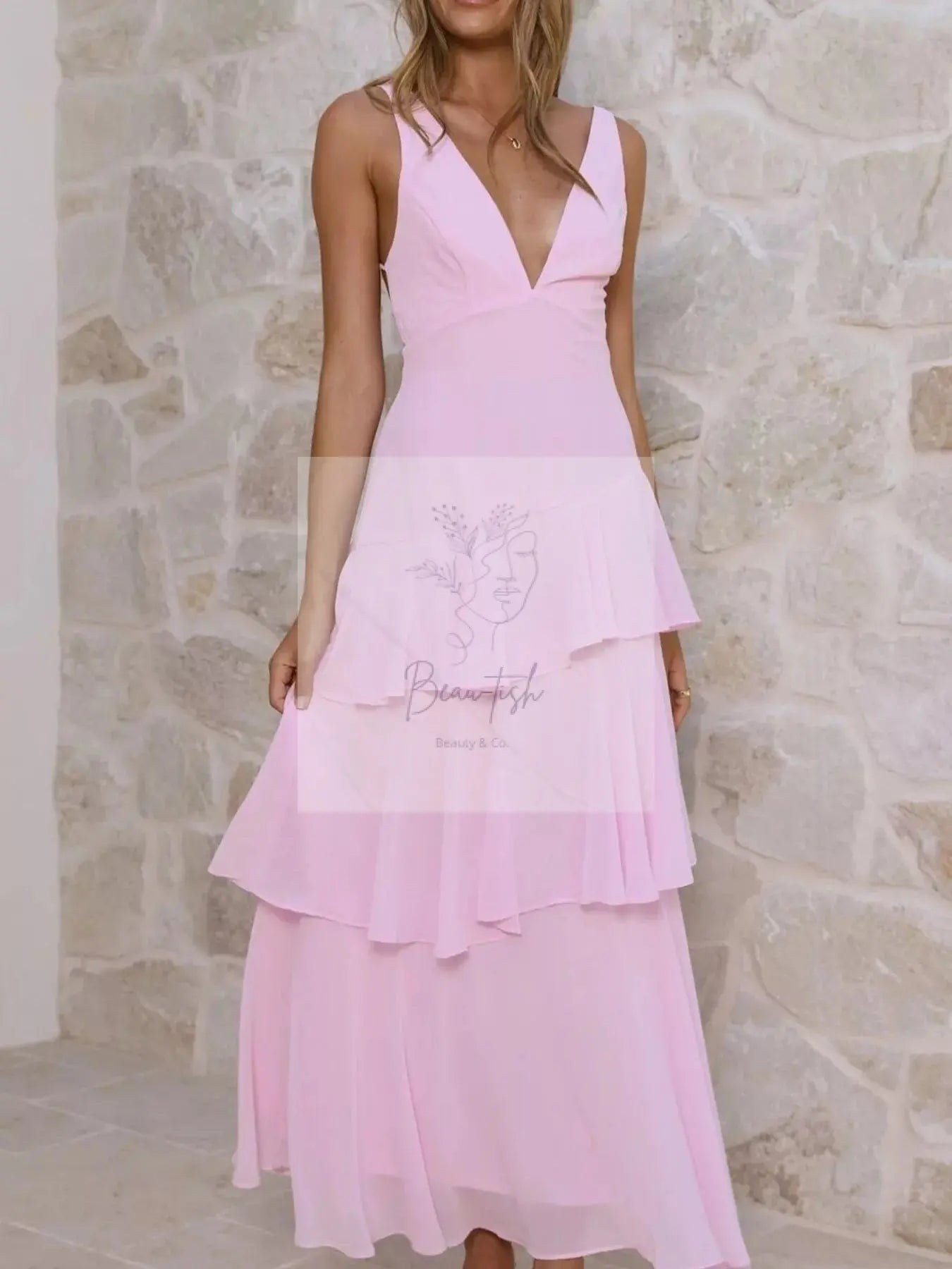 Sleeveless Ruffled Layered Backless Maxi Dress