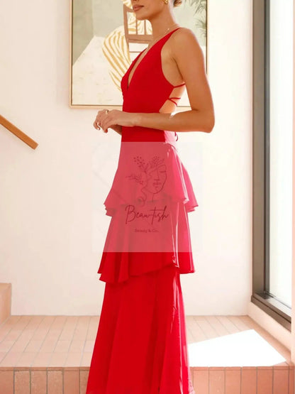 Sleeveless Ruffled Layered Backless Maxi Dress