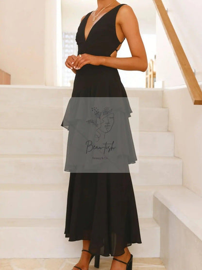 Sleeveless Ruffled Layered Backless Maxi Dress