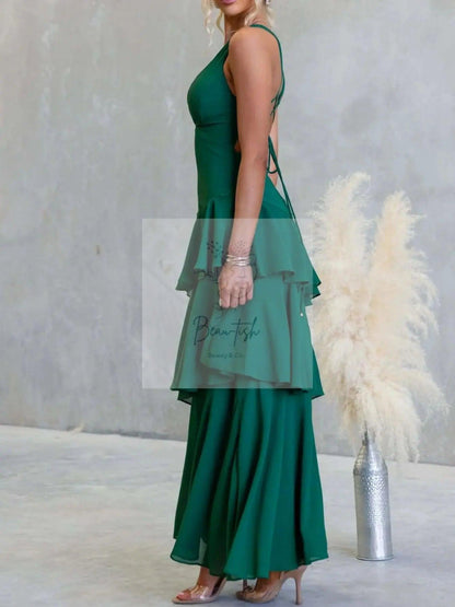 Sleeveless Ruffled Layered Backless Maxi Dress