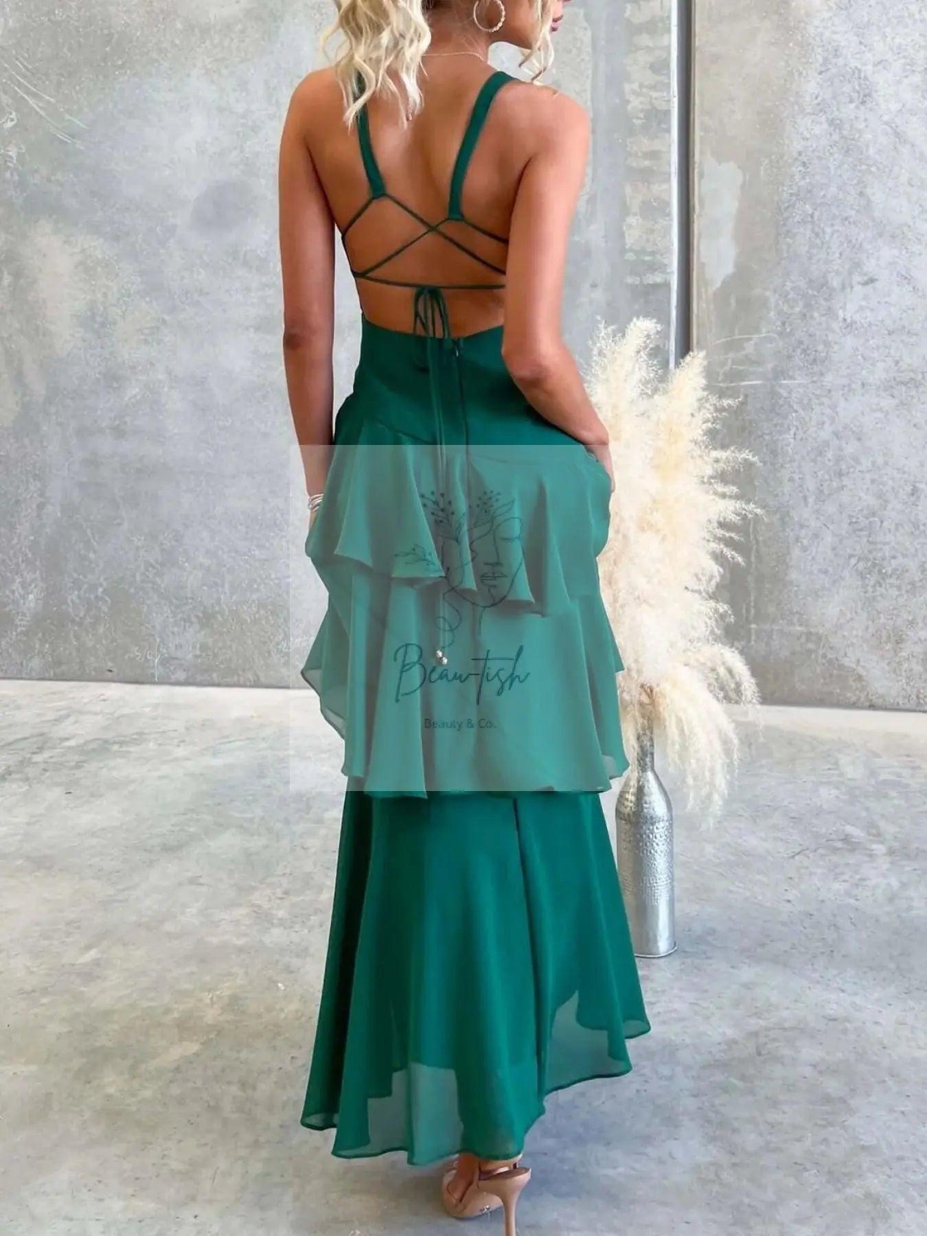 Sleeveless Ruffled Layered Backless Maxi Dress