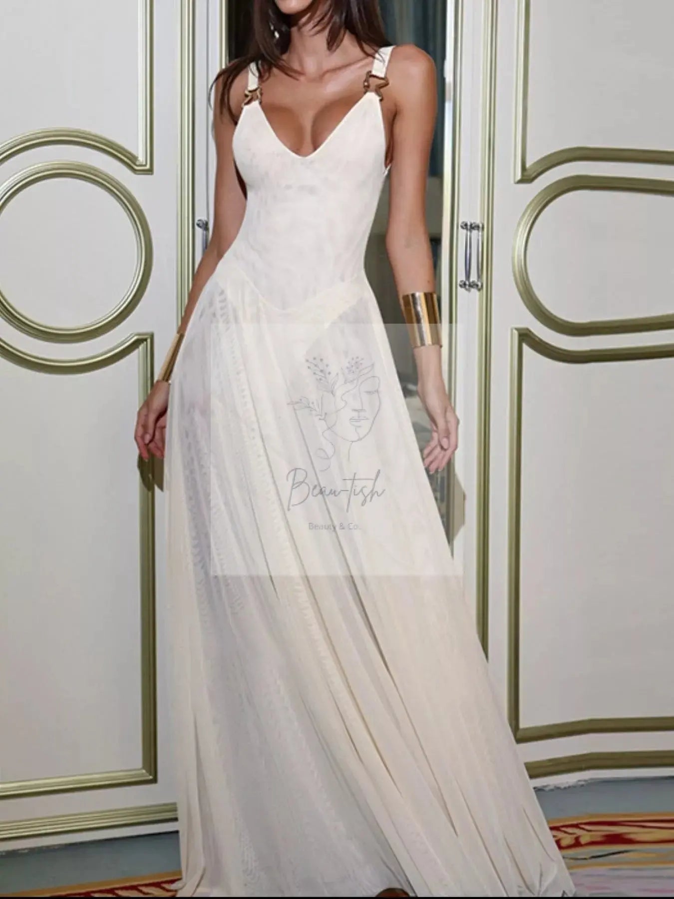 Sleeveless Sheer Maxi Dress with Gold Hardware Detail