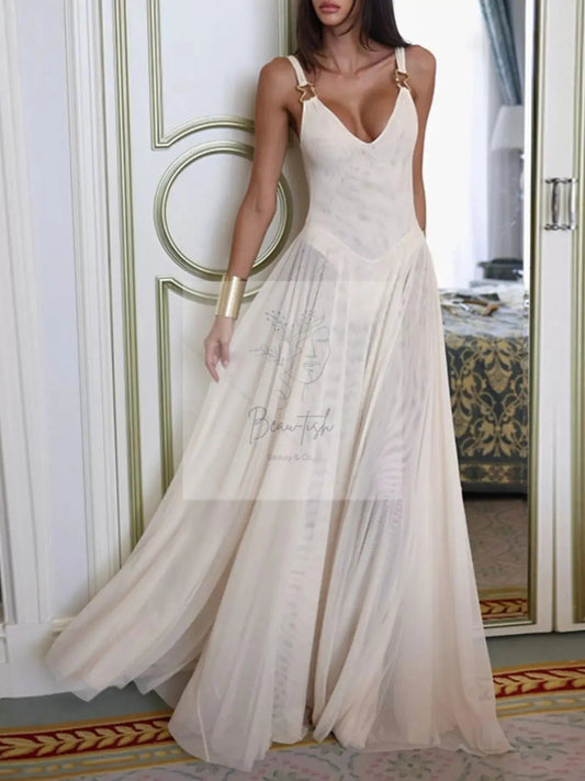 Sleeveless Sheer Maxi Dress with Gold Hardware Detail