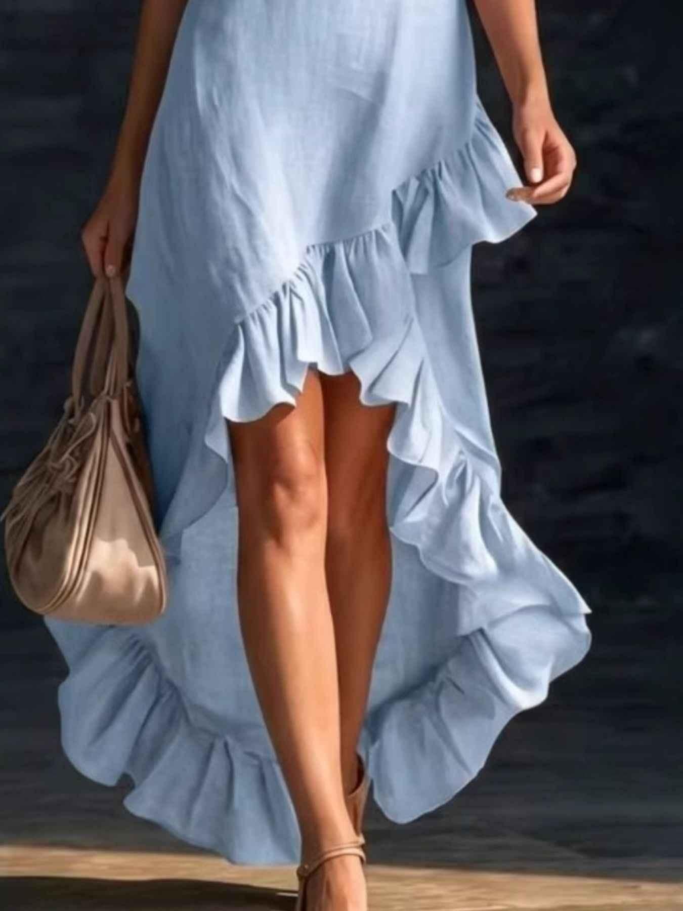 Sleeveless V-Neck Ruffle Hem High-Low Dress