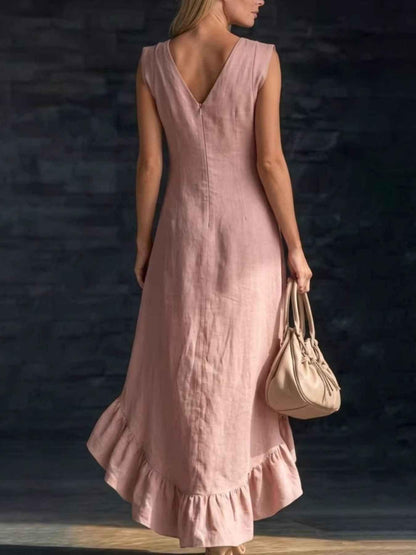 Sleeveless V-Neck Ruffle Hem High-Low Dress