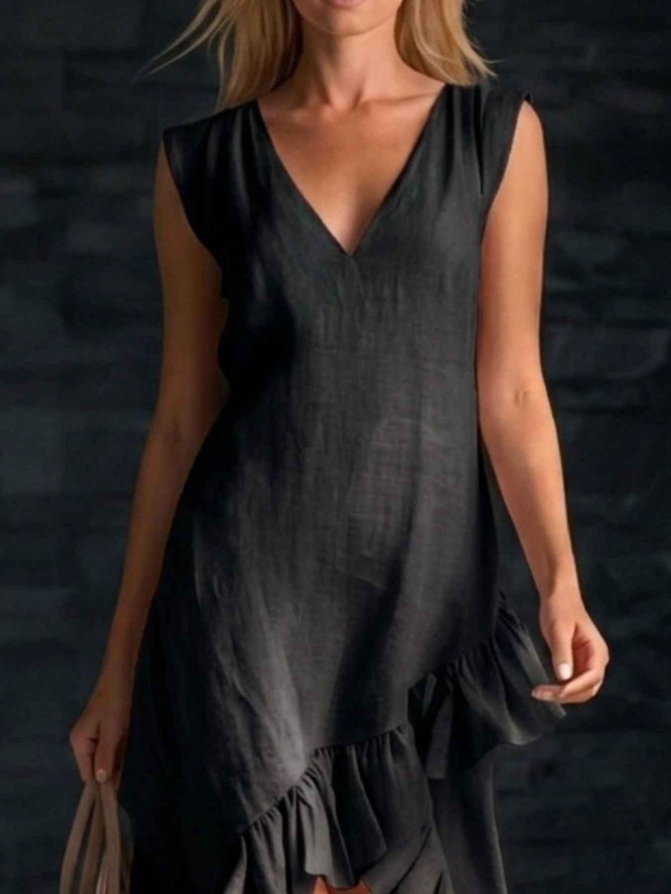 Sleeveless V-Neck Ruffle Hem High-Low Dress