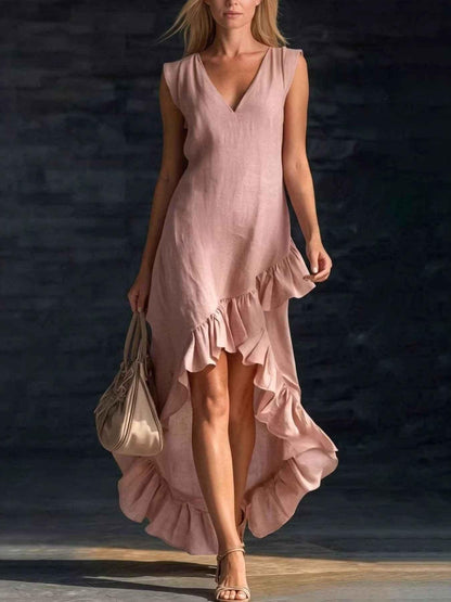 Sleeveless V-Neck Ruffle Hem High-Low Dress