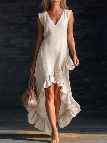 Sleeveless V-Neck Ruffle Hem High-Low Dress