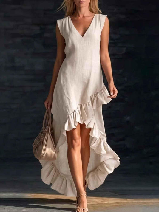 Sleeveless V-Neck Ruffle Hem High-Low Dress