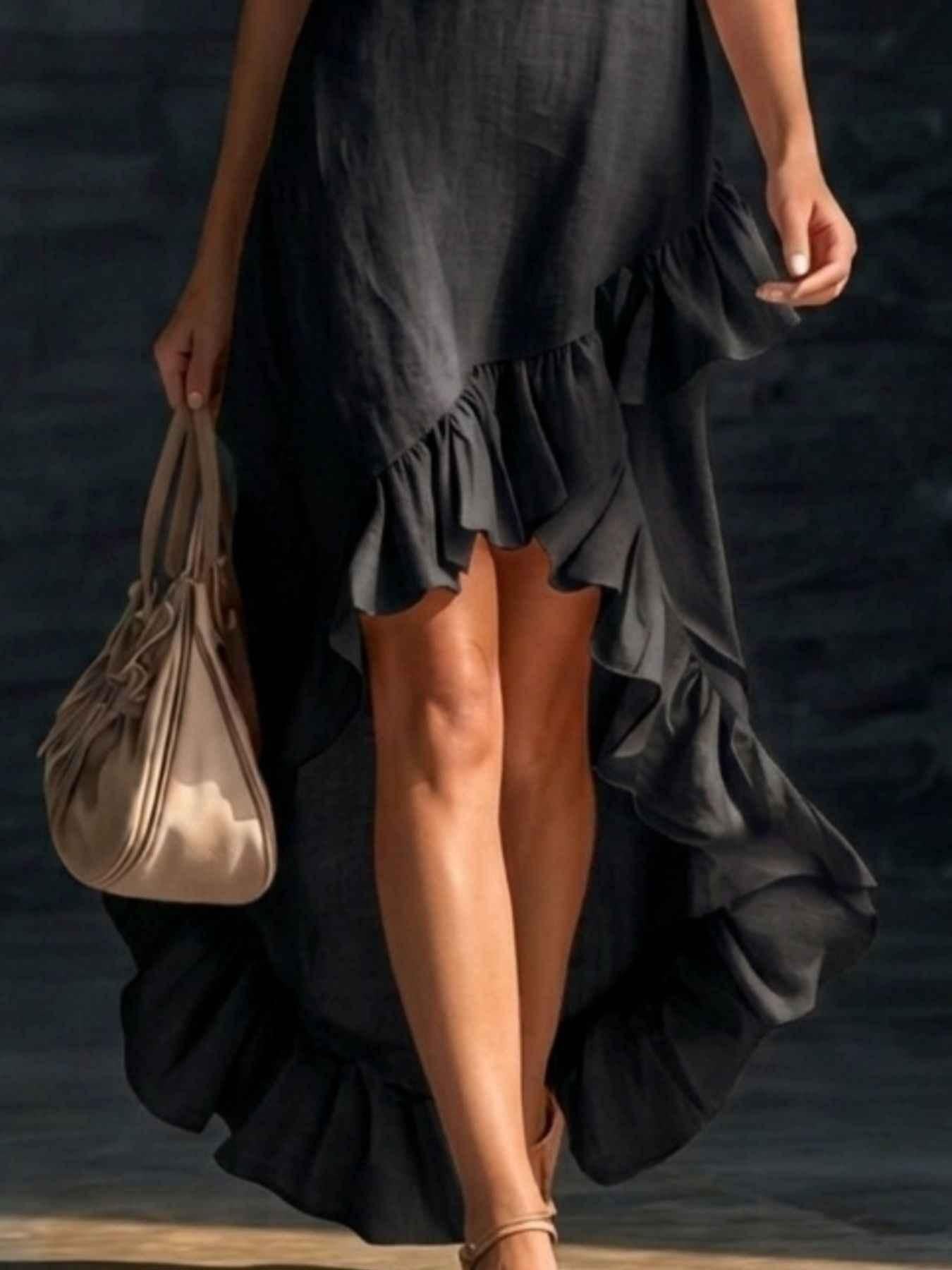 Sleeveless V-Neck Ruffle Hem High-Low Dress