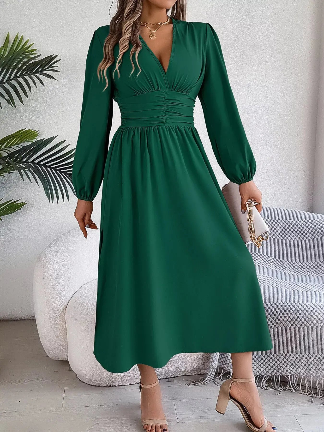 Slit Balloon Sleeve Midi Dress