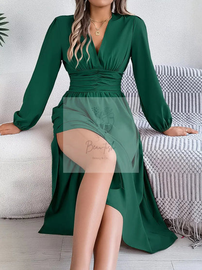 Slit Balloon Sleeve Midi Dress