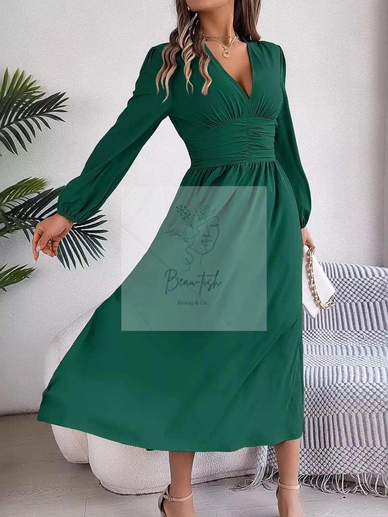 Slit Balloon Sleeve Midi Dress