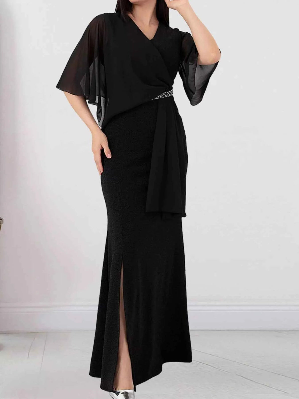 Slit Flutter Sleeve Maxi Dress