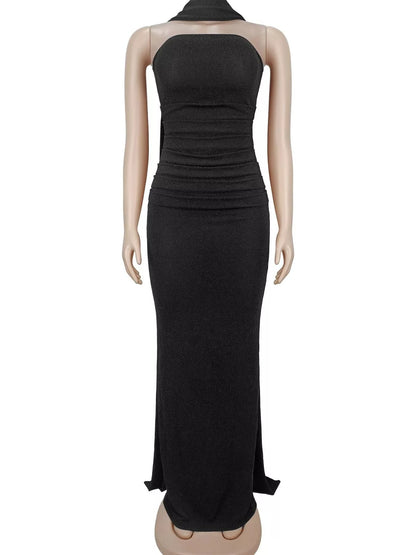 Slit Glitter Tube Maxi Dress with Scarf
