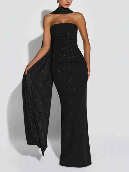 Slit Glitter Tube Maxi Dress with Scarf