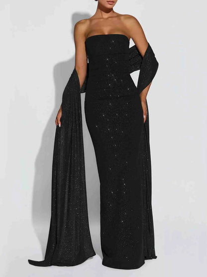 Slit Glitter Tube Maxi Dress with Scarf