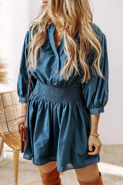 Smocked Button Front Mini Dress