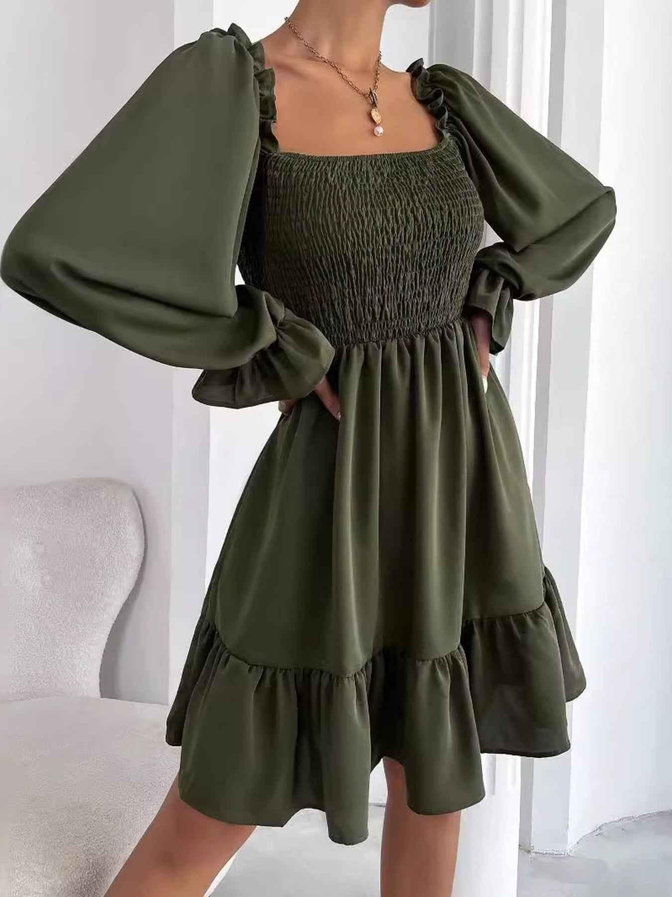 Smocked Flounce Sleeve Mini Dress