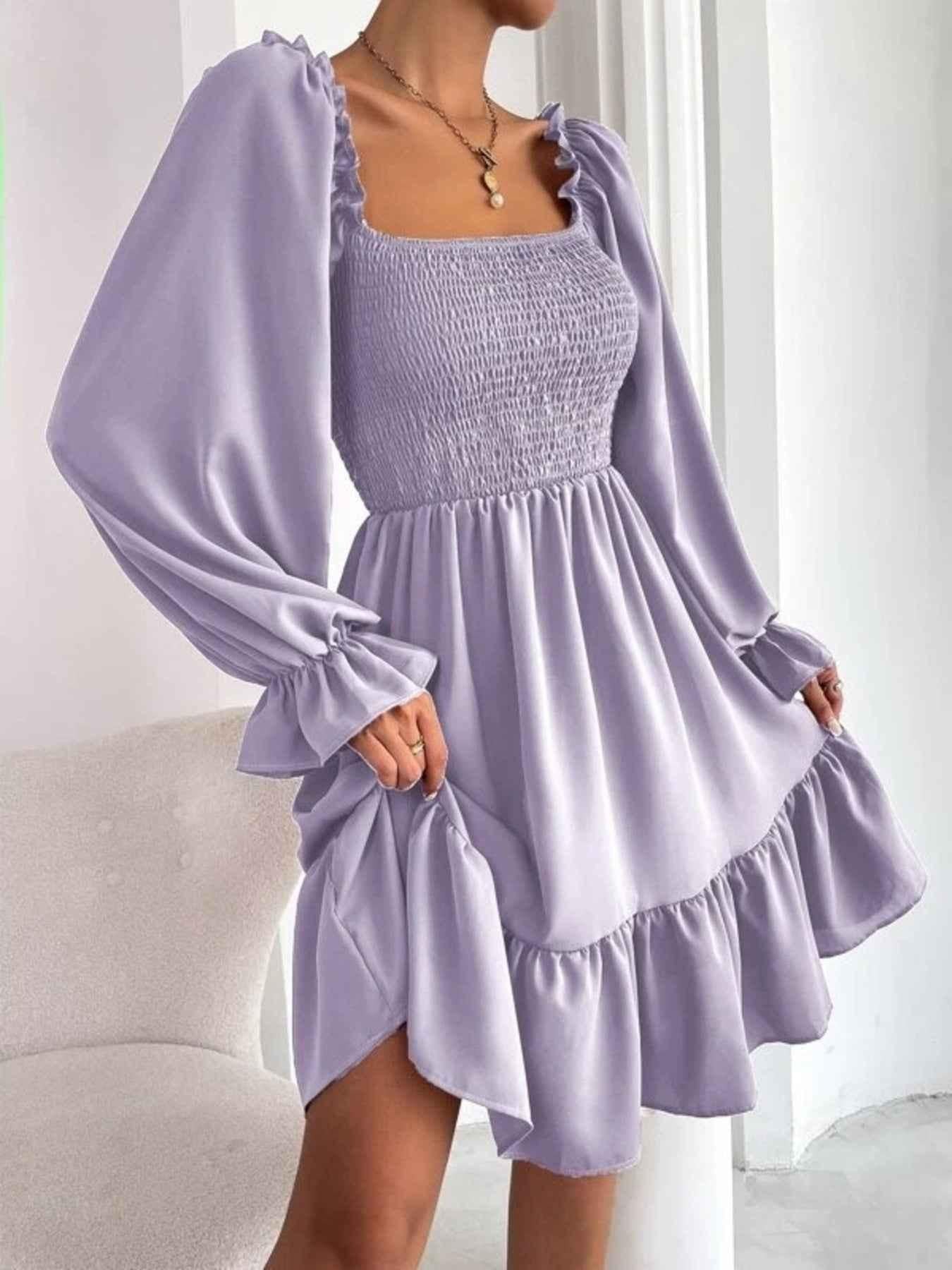 Smocked Flounce Sleeve Mini Dress