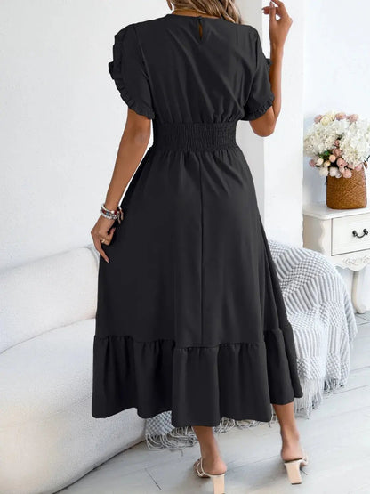 Smocked Frill Round Neck Midi Dress
