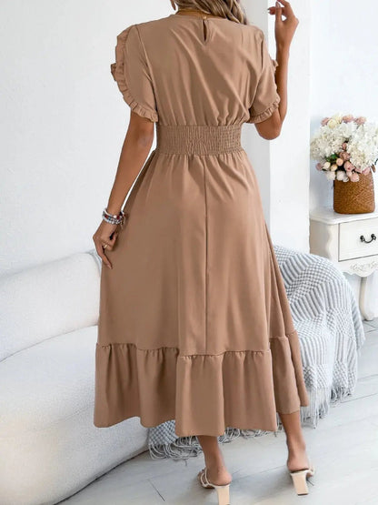 Smocked Frill Round Neck Midi Dress