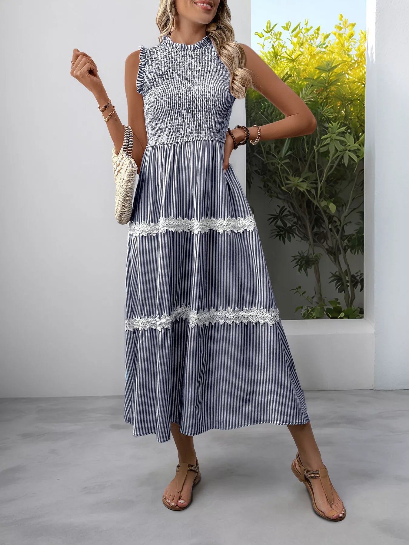Smocked Striped Lace Trim Sleeveless Midi Dress