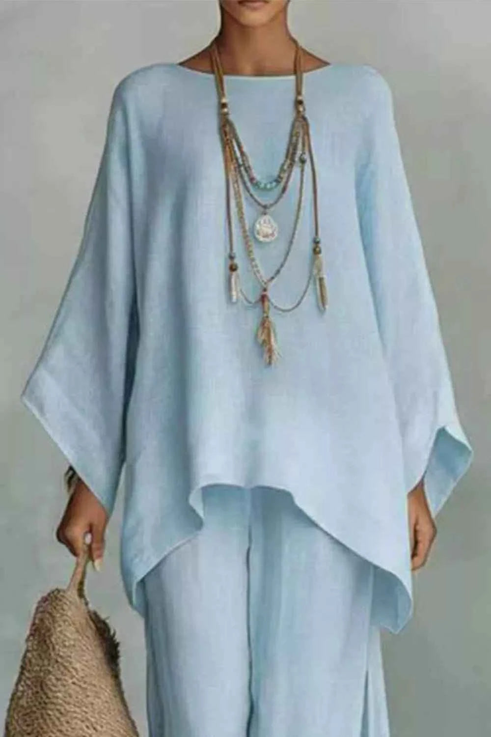 Solid Color Long Sleeve Top and Wide Leg Pants Set