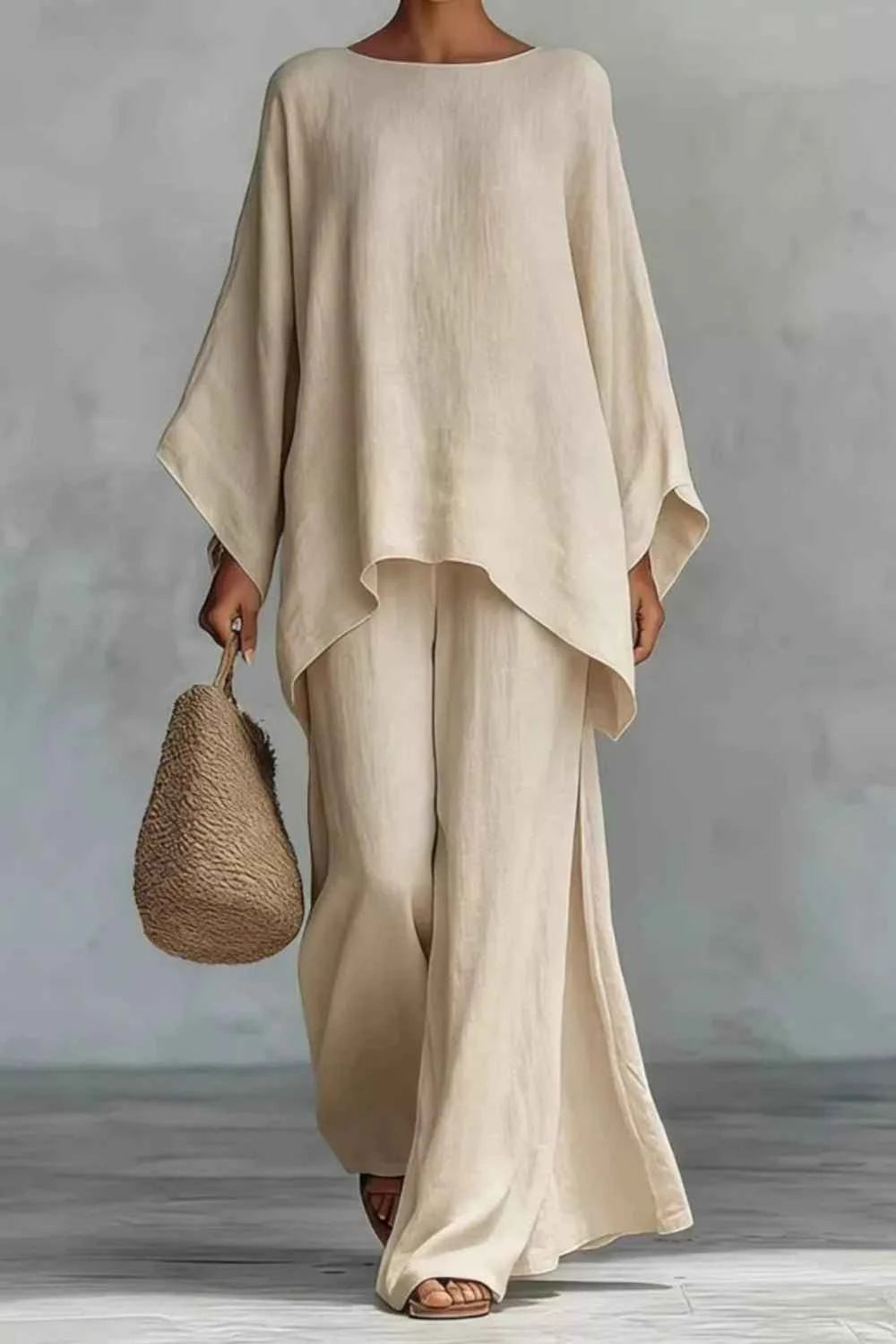 Solid Color Long Sleeve Top and Wide Leg Pants Set