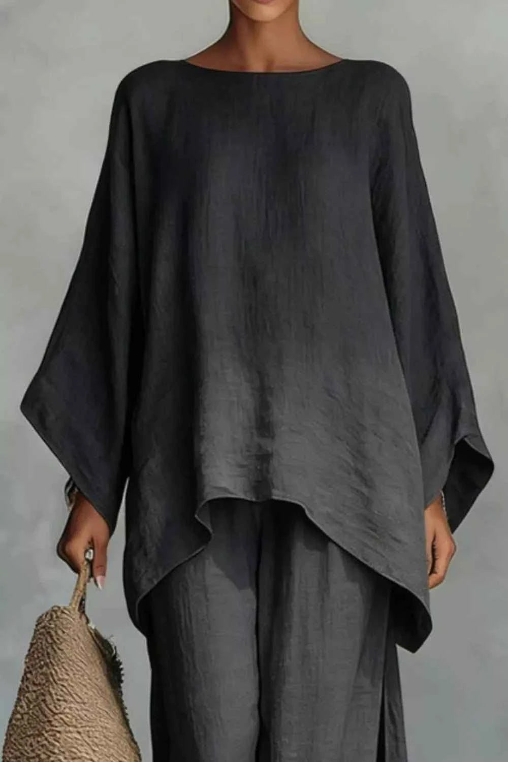 Solid Color Long Sleeve Top and Wide Leg Pants Set