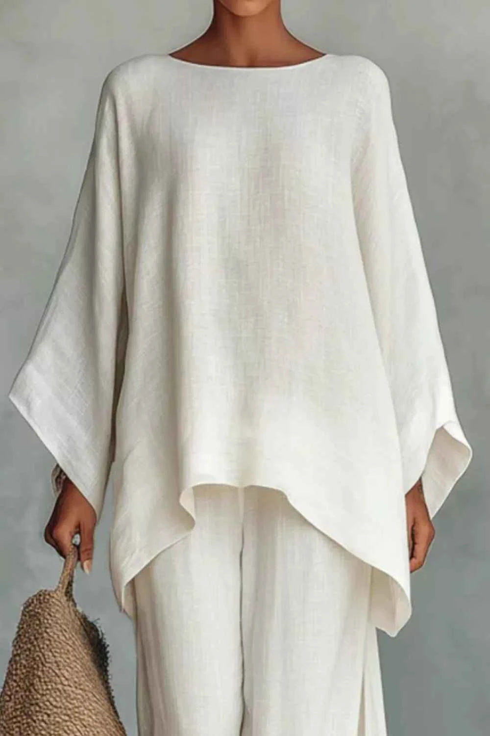Solid Color Long Sleeve Top and Wide Leg Pants Set