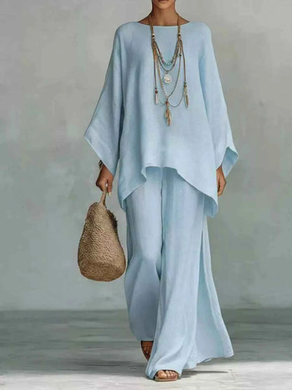 Solid Color Long Sleeve Top and Wide Leg Pants Set