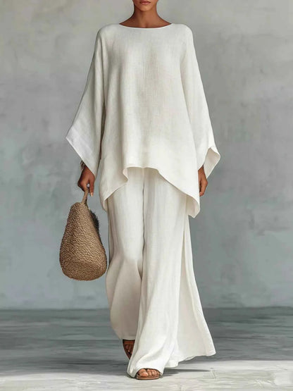 Solid Color Long Sleeve Top and Wide Leg Pants Set